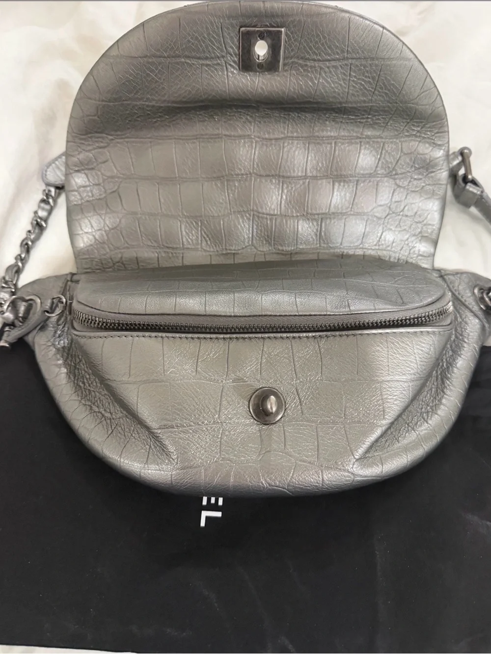 CHANEL Metallic Silver Quilted Leather Crossbody Bag